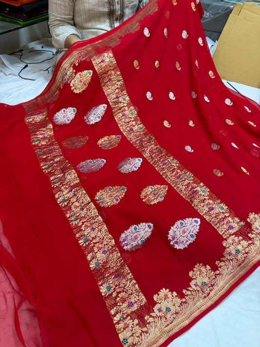 Meena Kari Pure Khaddi georgette saree with real zari work in red colour