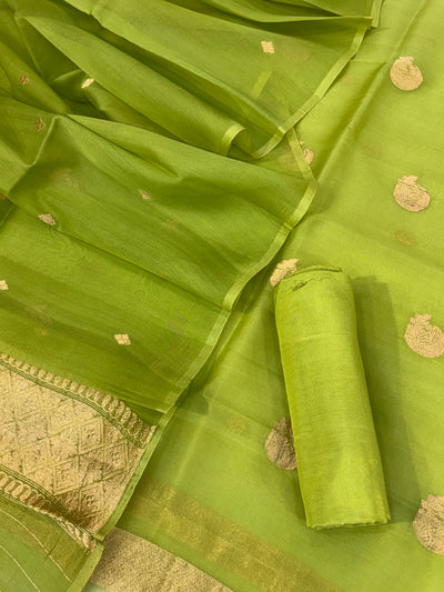 Pure Handloom Kora silk suit set in light pista green colour with meenakari work