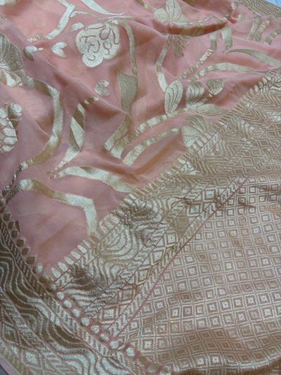 Pure georgette silk saree in pastel peach colour