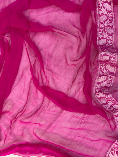Pure khaddi chiffon saree in baby pink with Rani colour with tussles