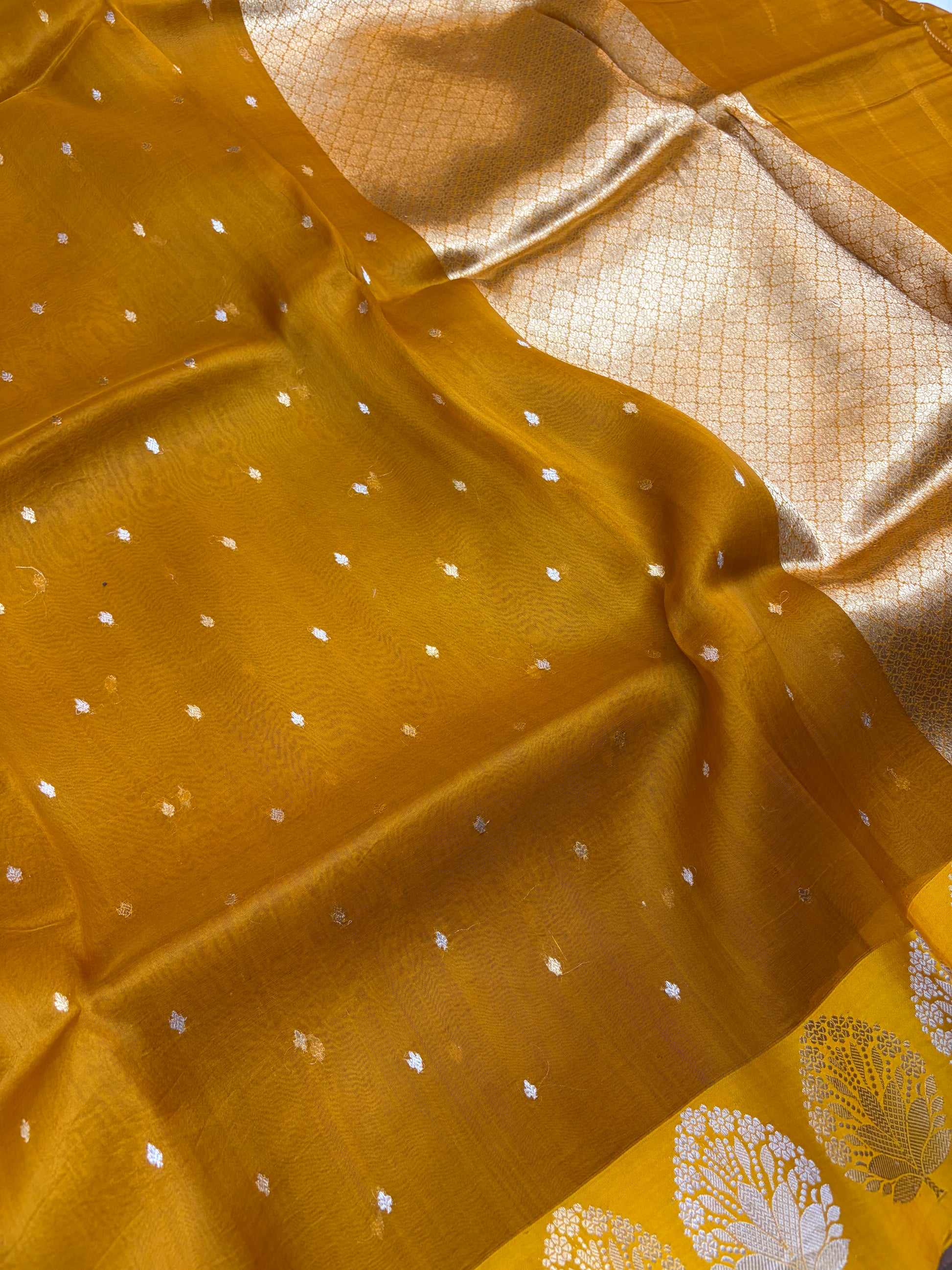 Pure handloom organza silk saree in dark yellow gold colour