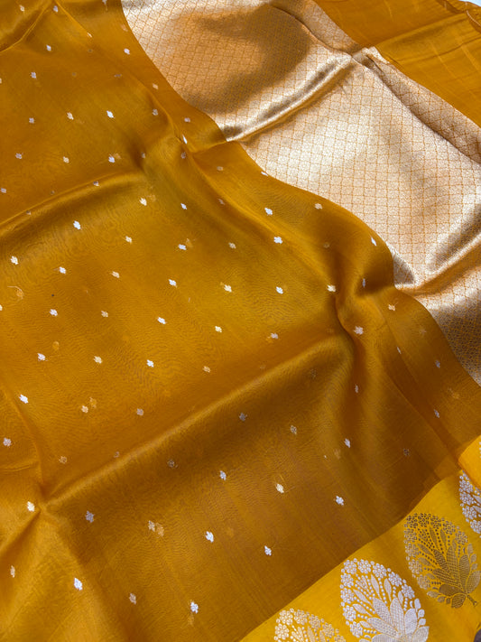 Pure handloom organza silk saree in dark yellow gold colour