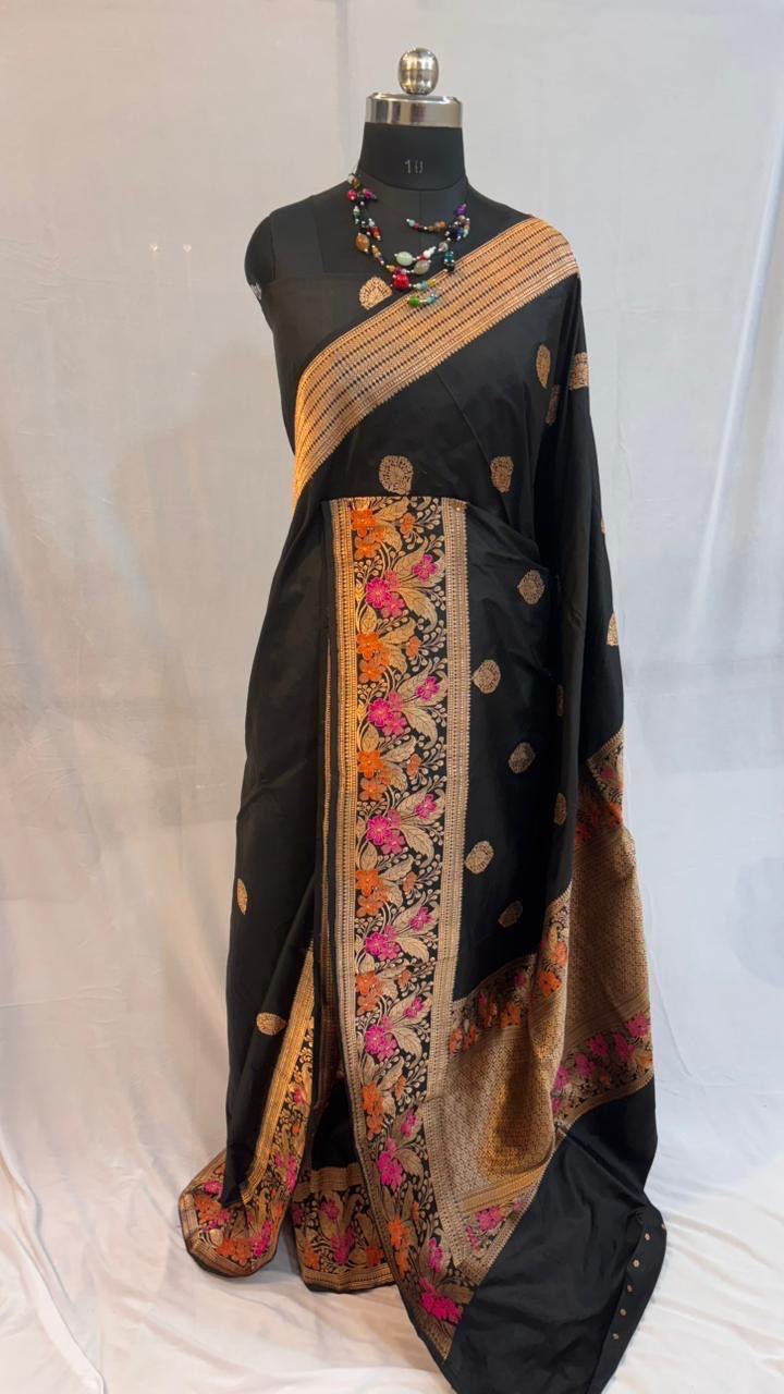 Pure meenakari katan silk saree in black colour