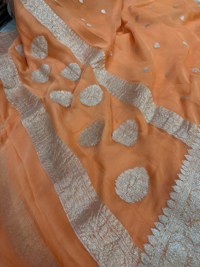 Pure khaddi chiffon saree in coral orange colour