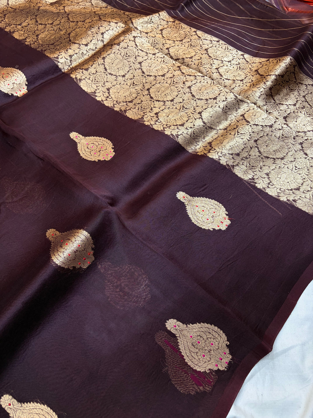 Pure handloom organza silk saree in dark brown colour