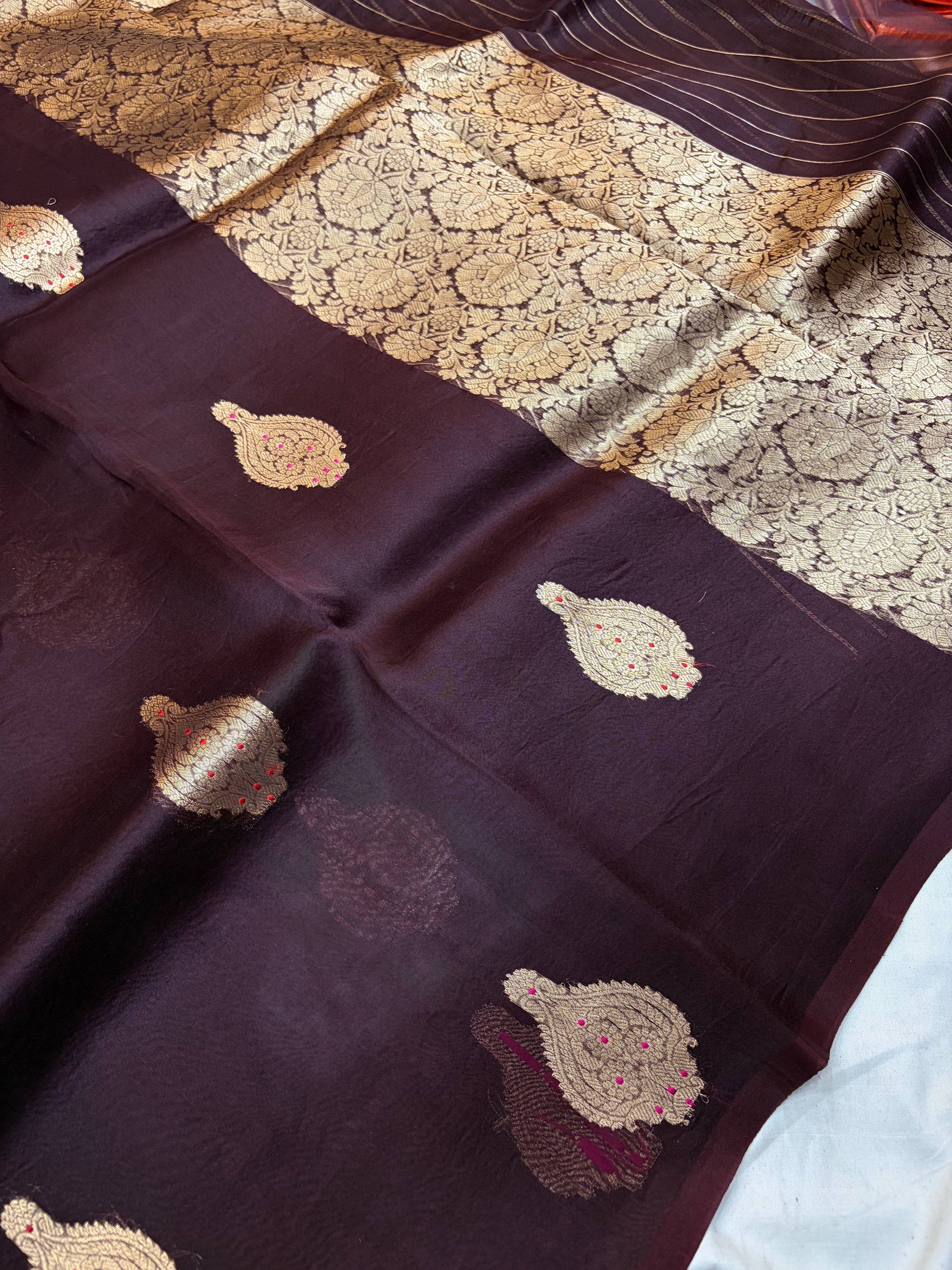 Pure handloom organza silk saree in dark brown colour