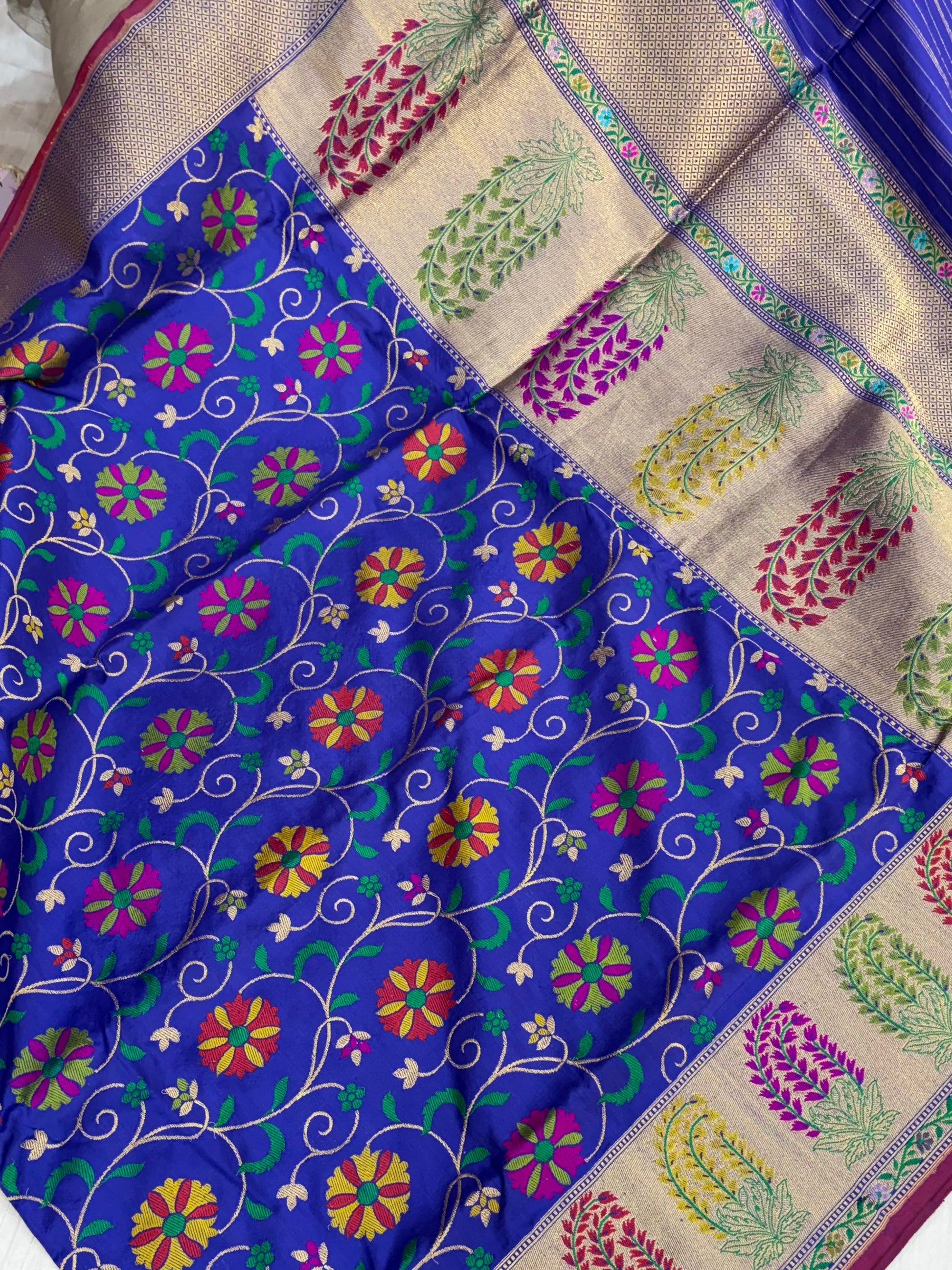 Royal blue pure handloom katan Banarasi silk saree with multi meena jaal & paithani muniya border