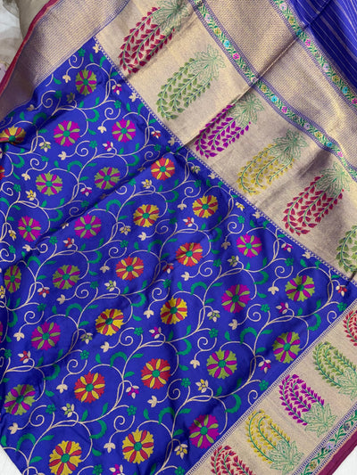 Royal blue pure handloom katan Banarasi silk saree with multi meena jaal & paithani muniya border