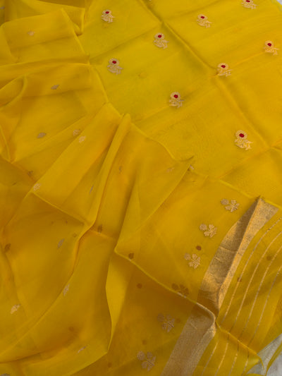 Pure Handloom Kora silk suit set in yellow colour