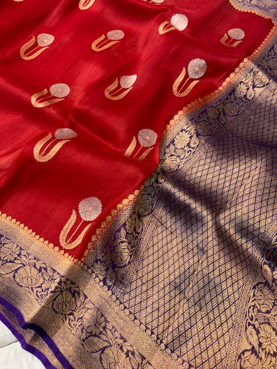 Pure handloom kora silk saree in red with purple colour