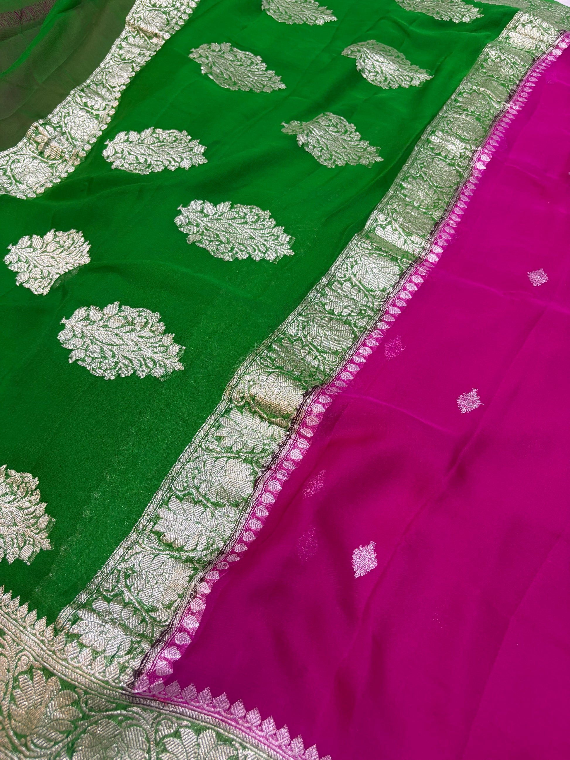 Beautiful Pure khaddi chiffon saree in beautiful contrast colour