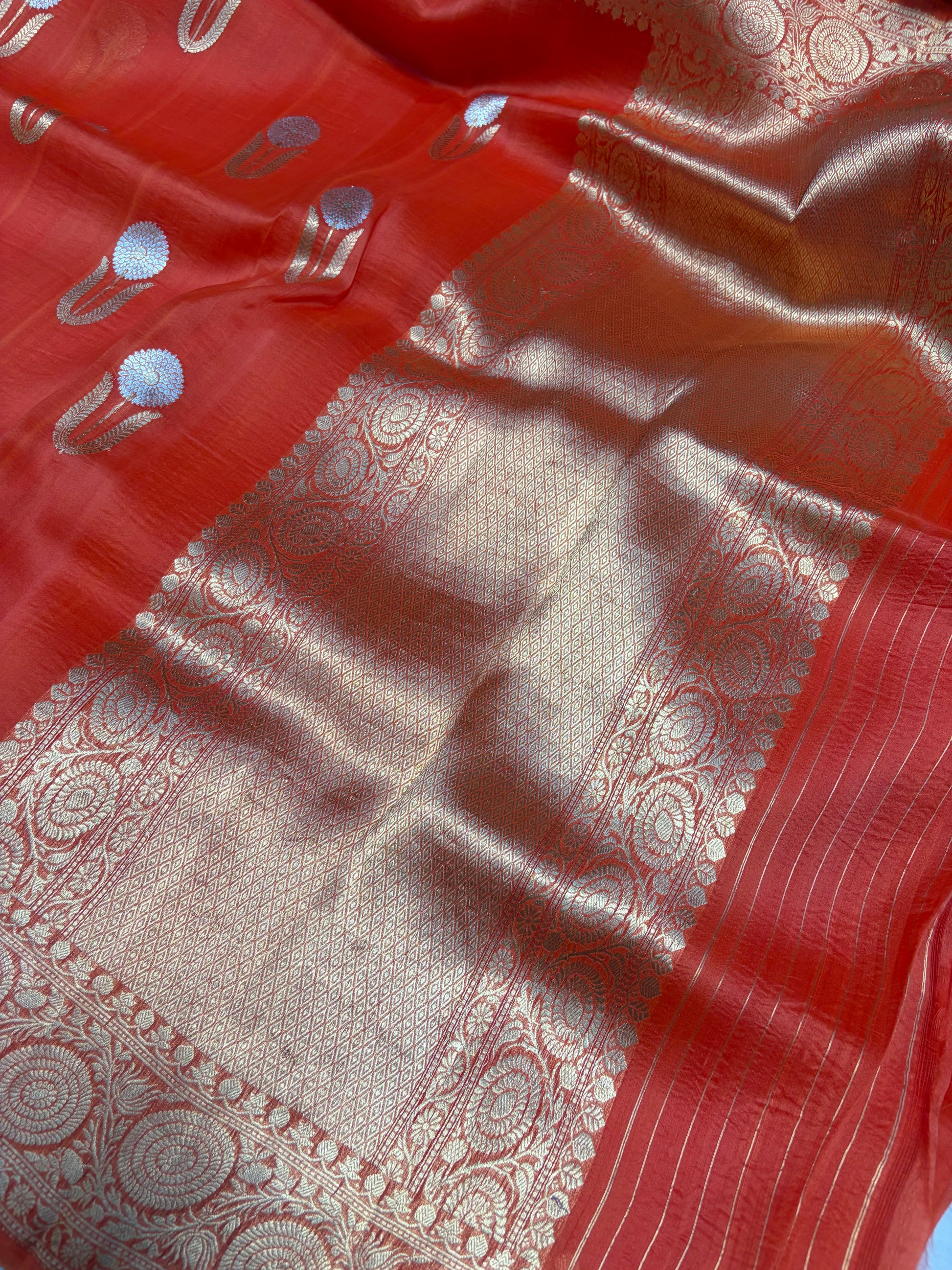 Pure handloom organza silk saree in orange colour