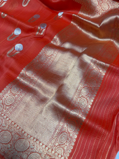 Pure handloom organza silk saree in orange colour