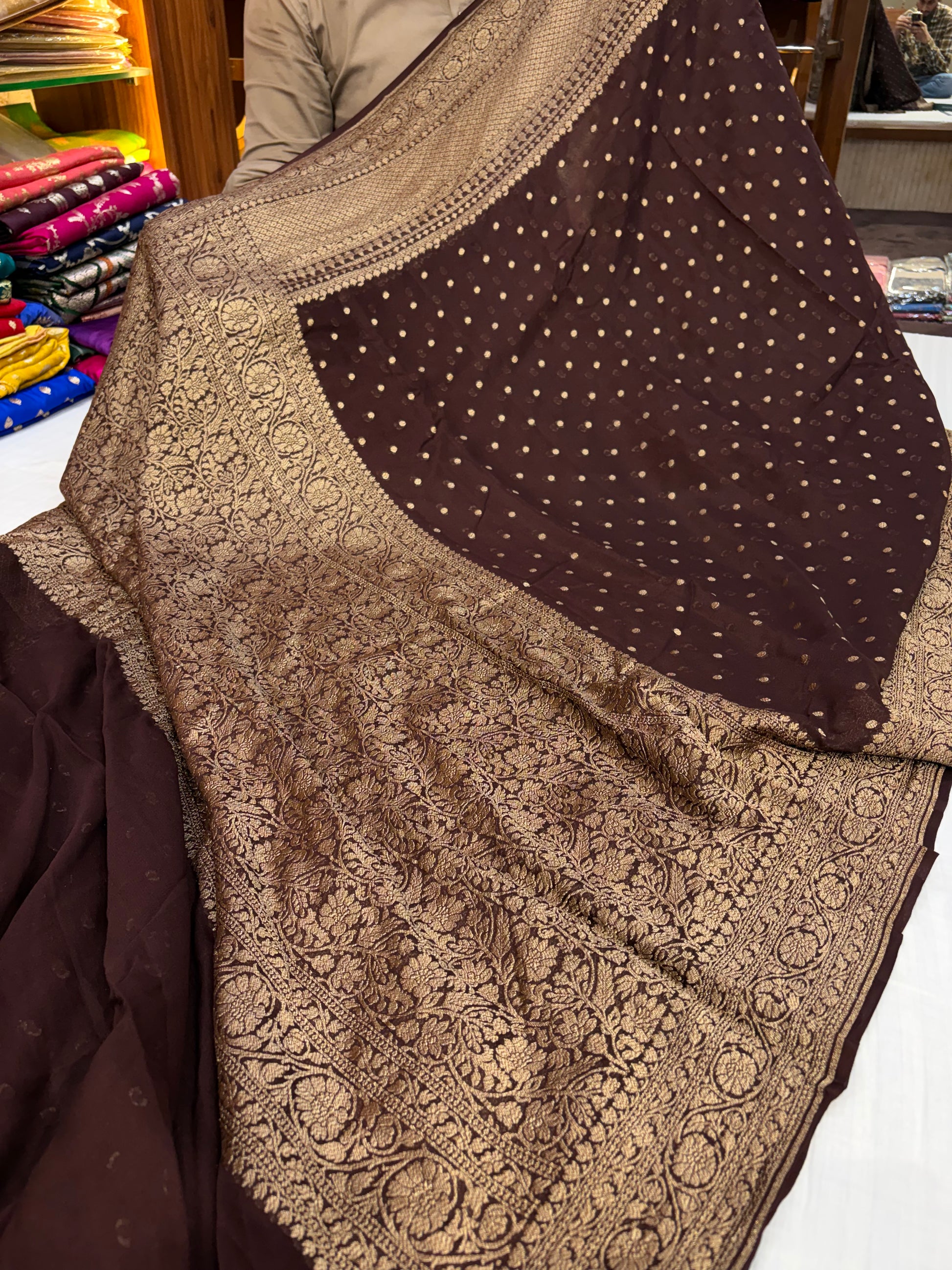 Pure georgette silk saree in Dark Brown colour