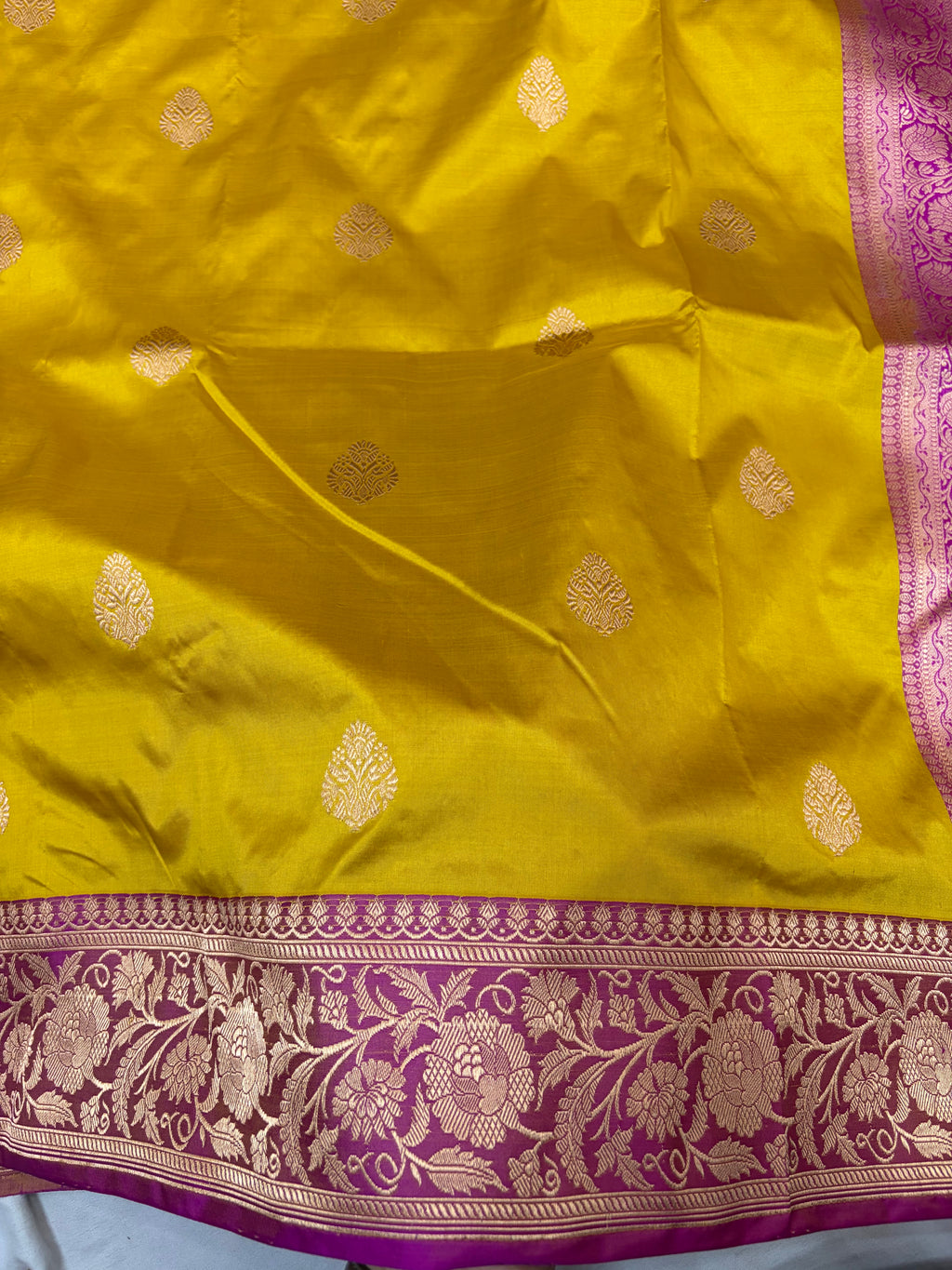 Pure handwoven katan silk saree in mustard with Rani  colour
