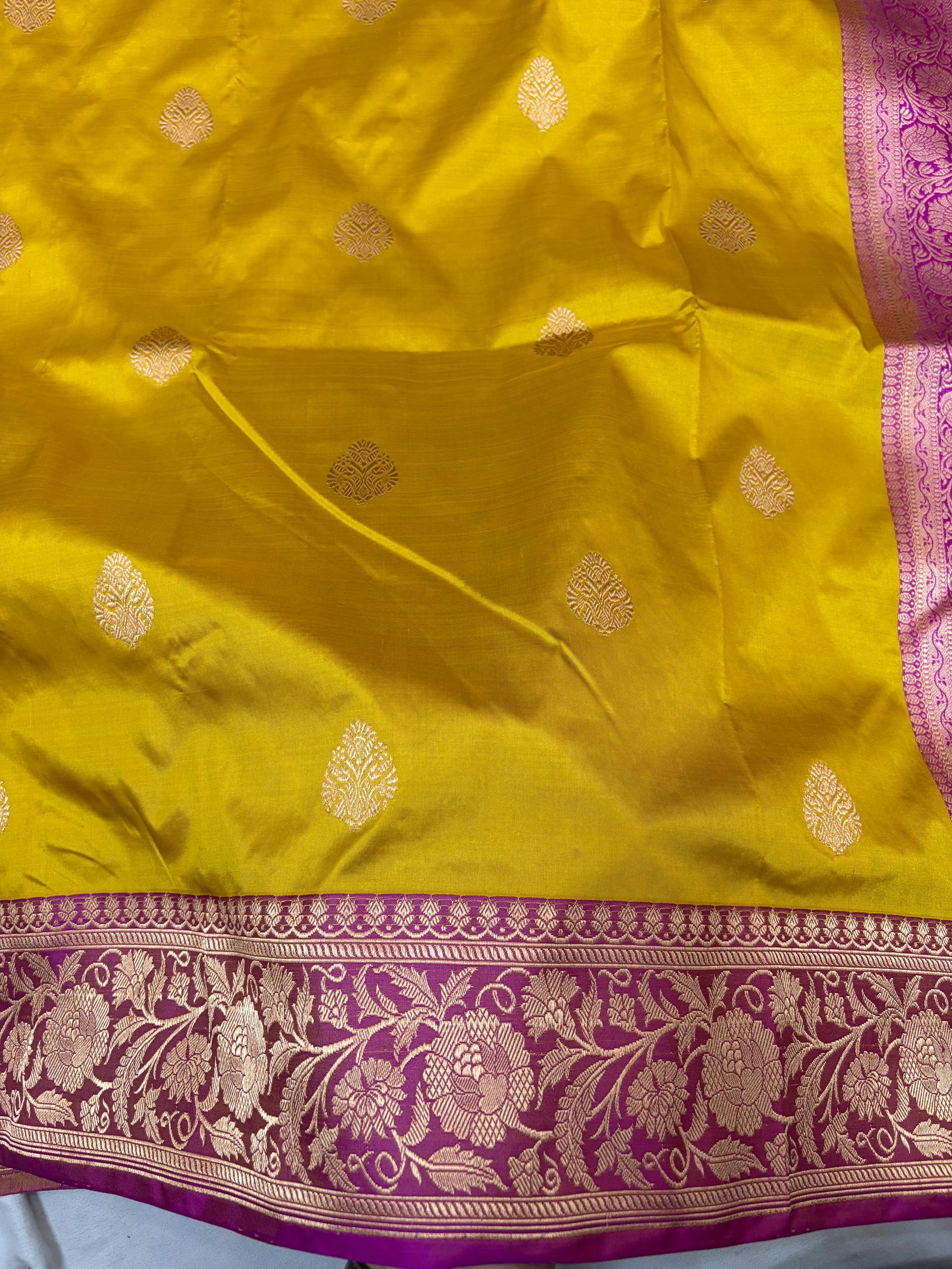 Pure handwoven katan silk saree in mustard with Rani  colour