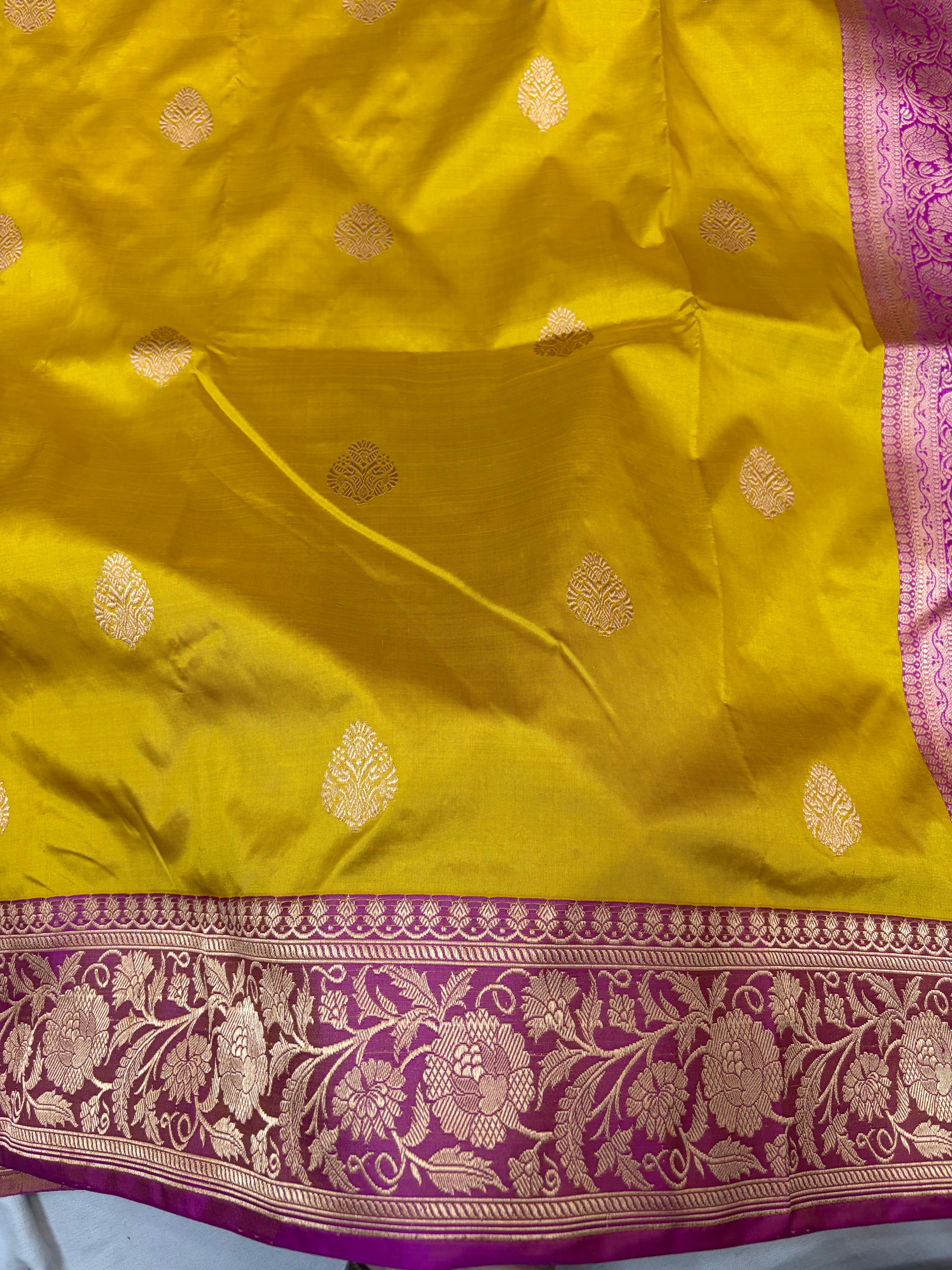 Pure handwoven katan silk saree in mustard with Rani  colour