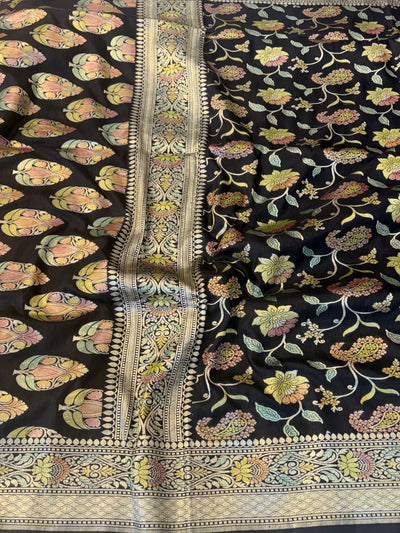 Pure moonga silk saree all over jaal work in black colour