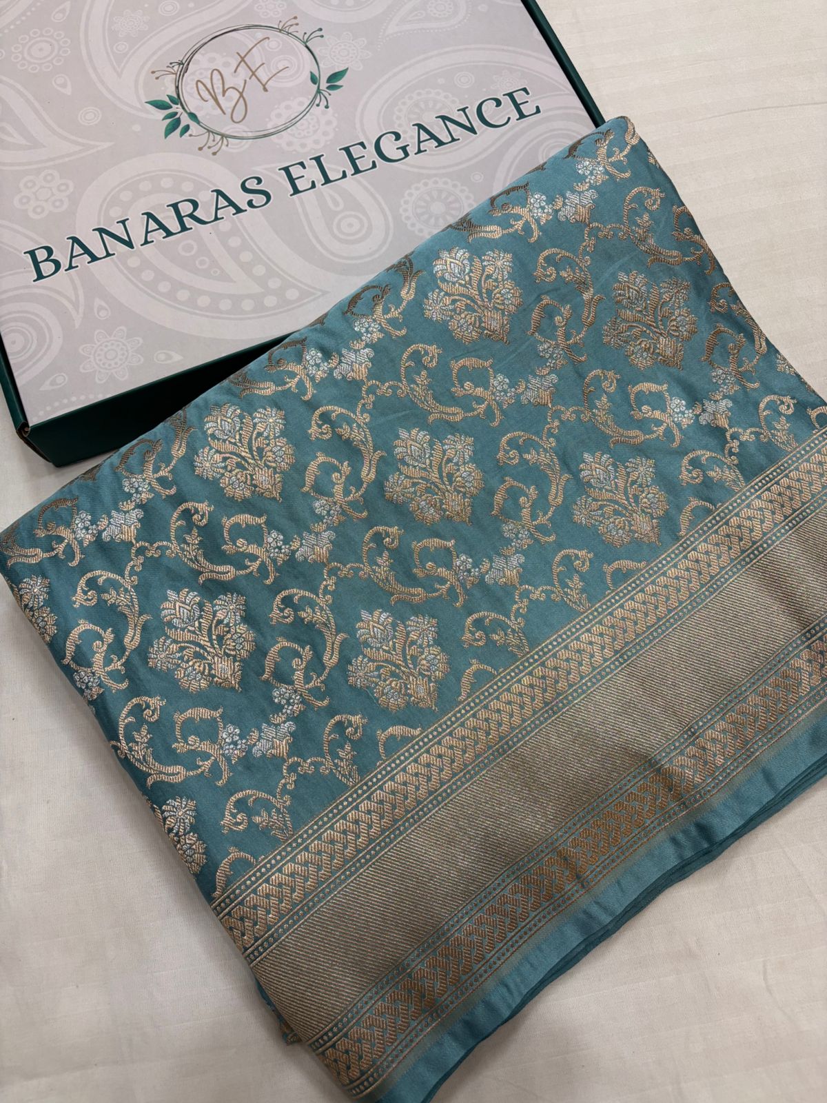 Firozi Mashru Silk Saree With Zari Border Jaal