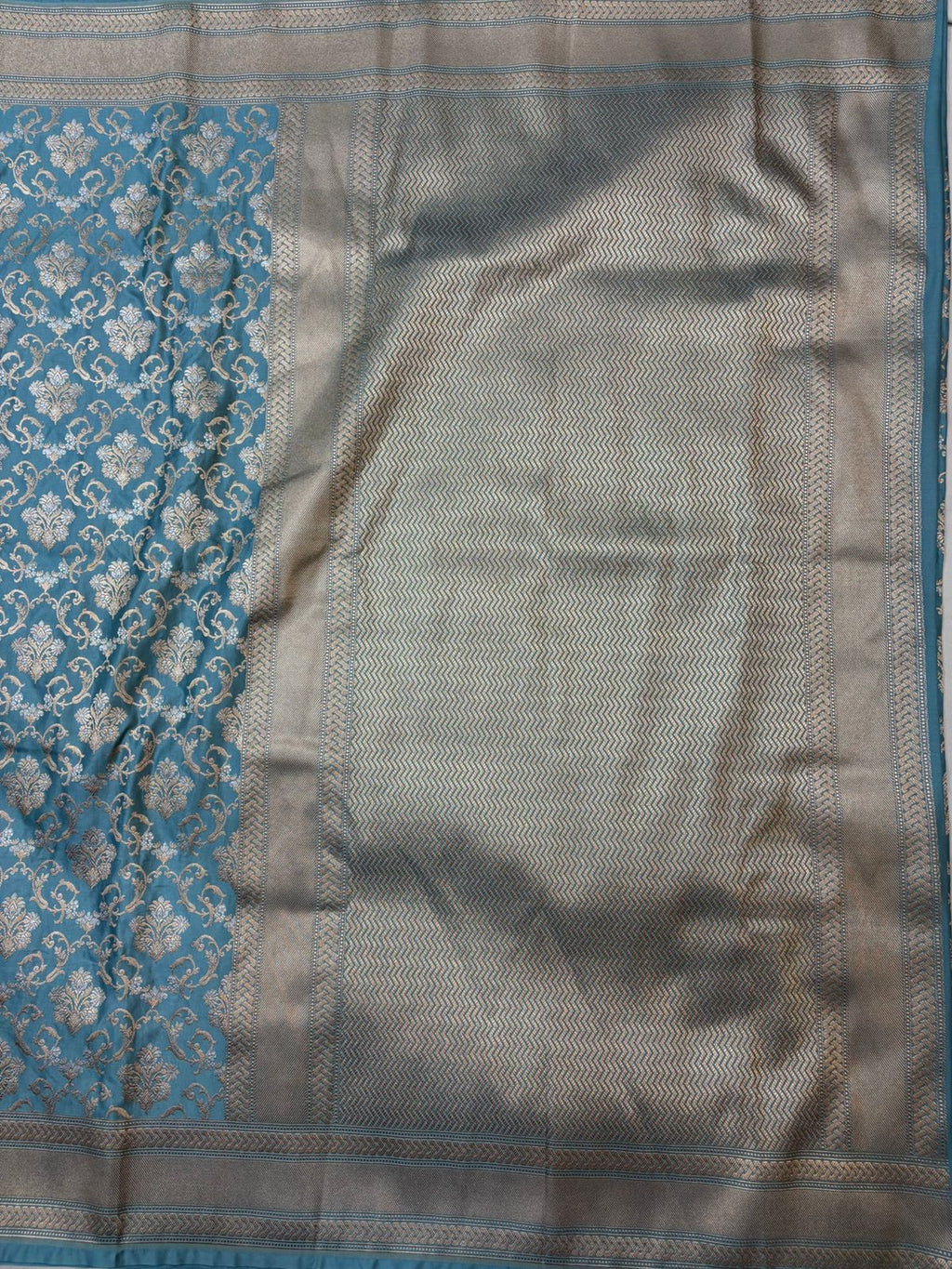 Firozi Mashru Silk Saree With Zari Border Jaal