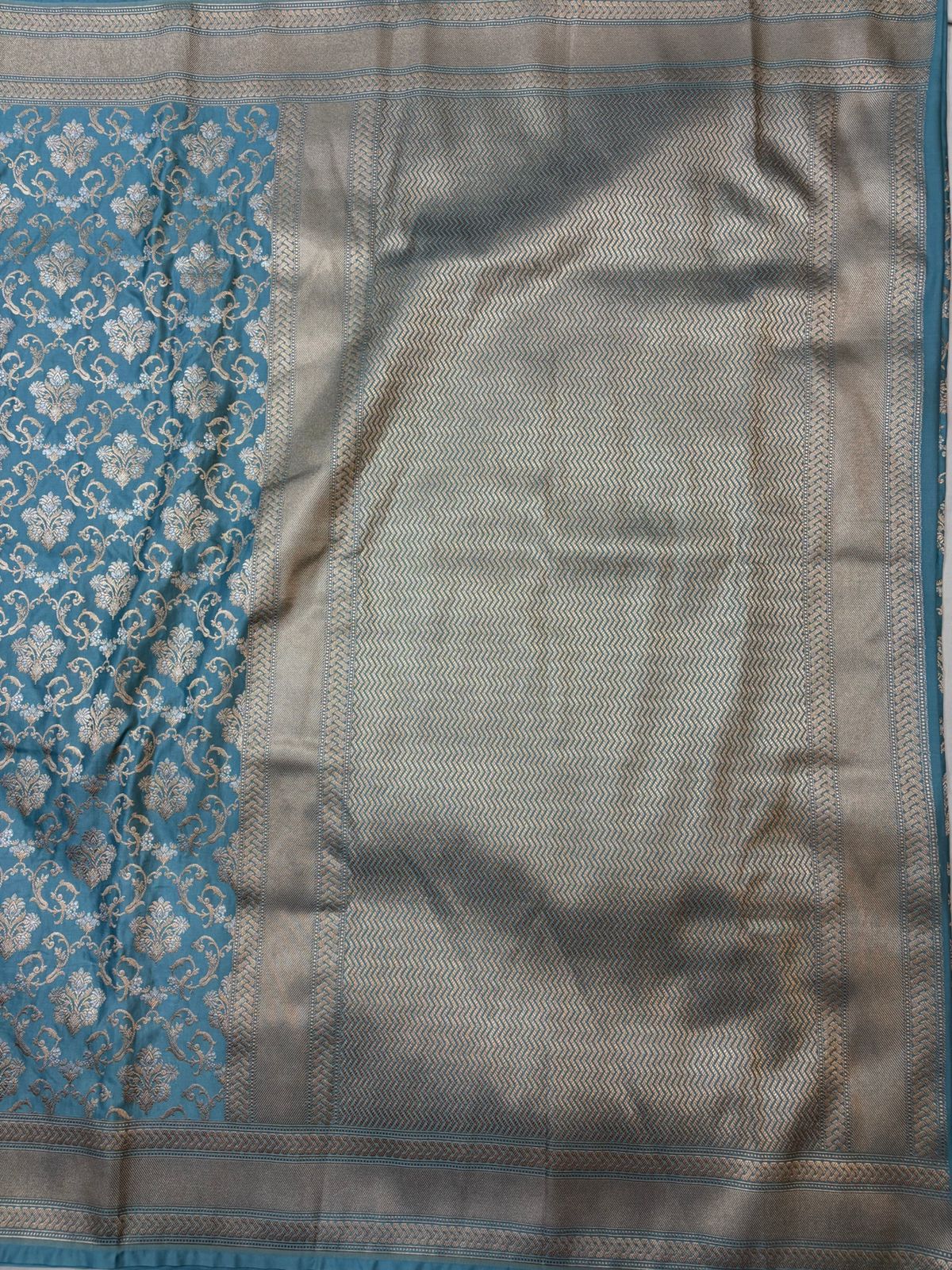 Firozi Mashru Silk Saree With Zari Border Jaal