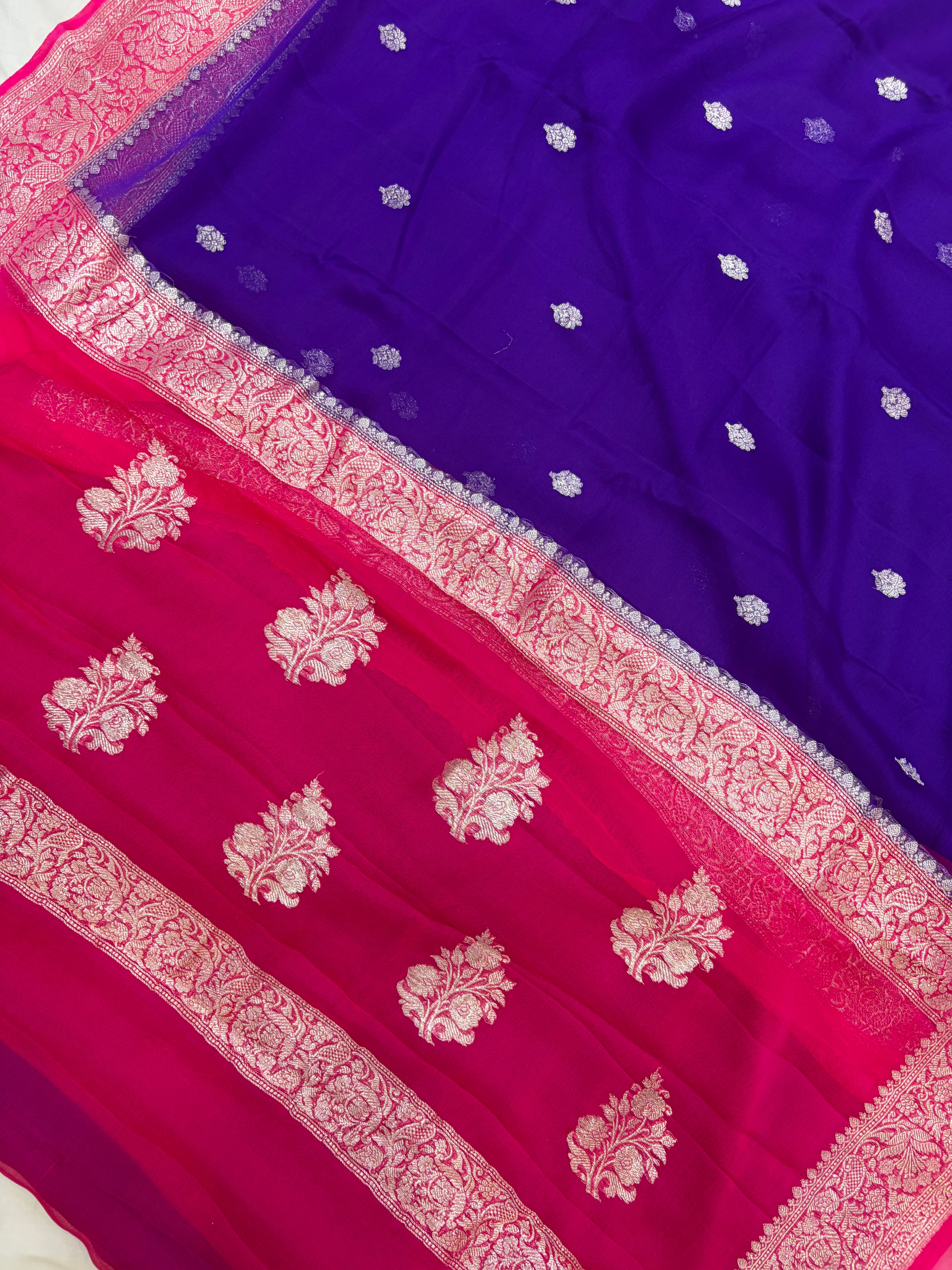 Pure khaddi chiffon saree in purple with Rani colour