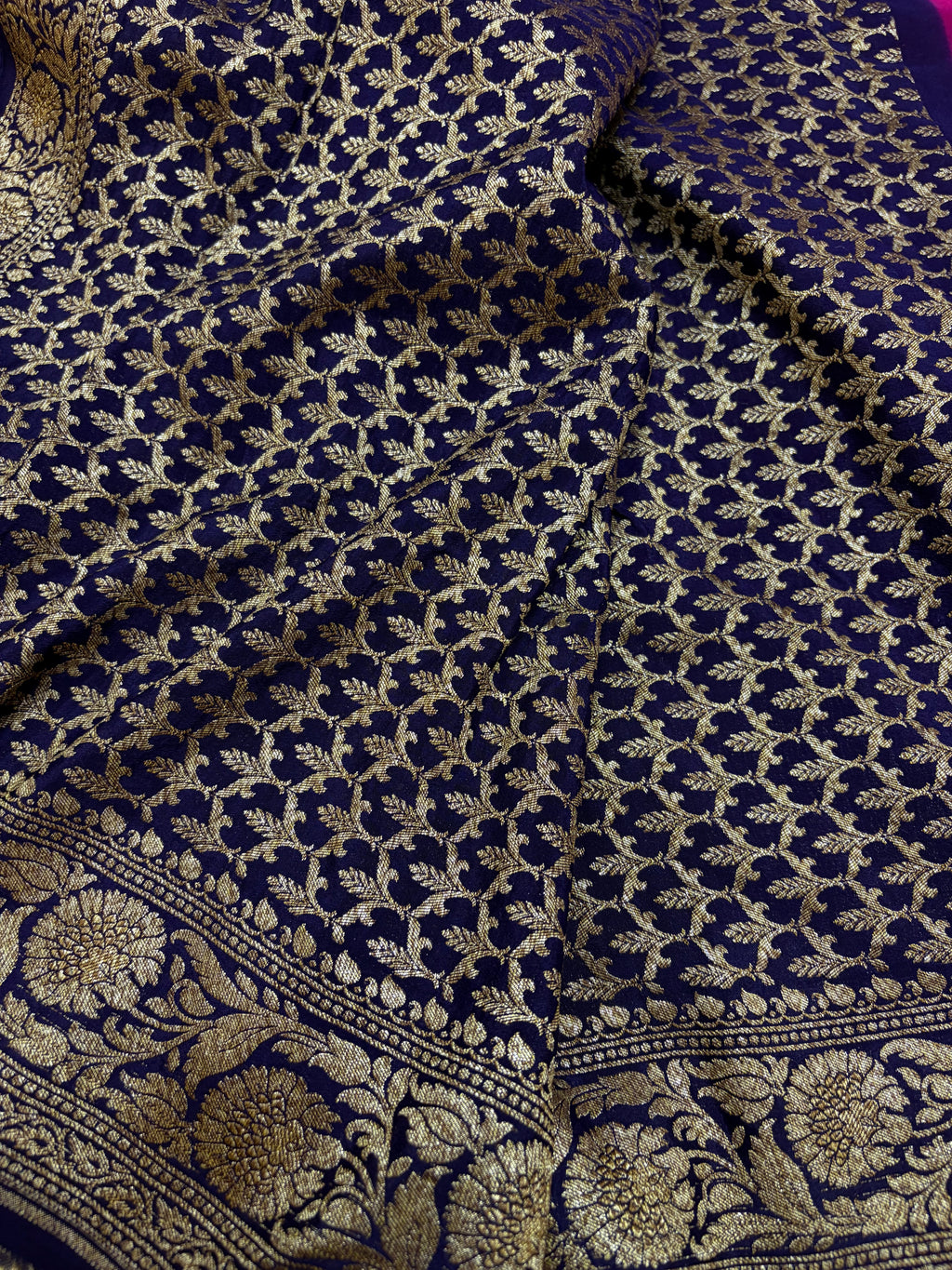 Pure Crape Silk Banarasi Zari Border Buti Design Saree in magenta with navy blue