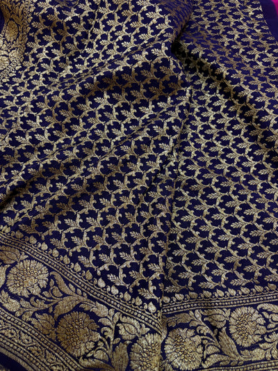 Pure Crape Silk Banarasi Zari Border Buti Design Saree in magenta with navy blue