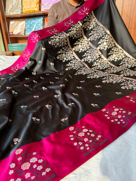 Banarasi Mashru silk saree in black with pink border