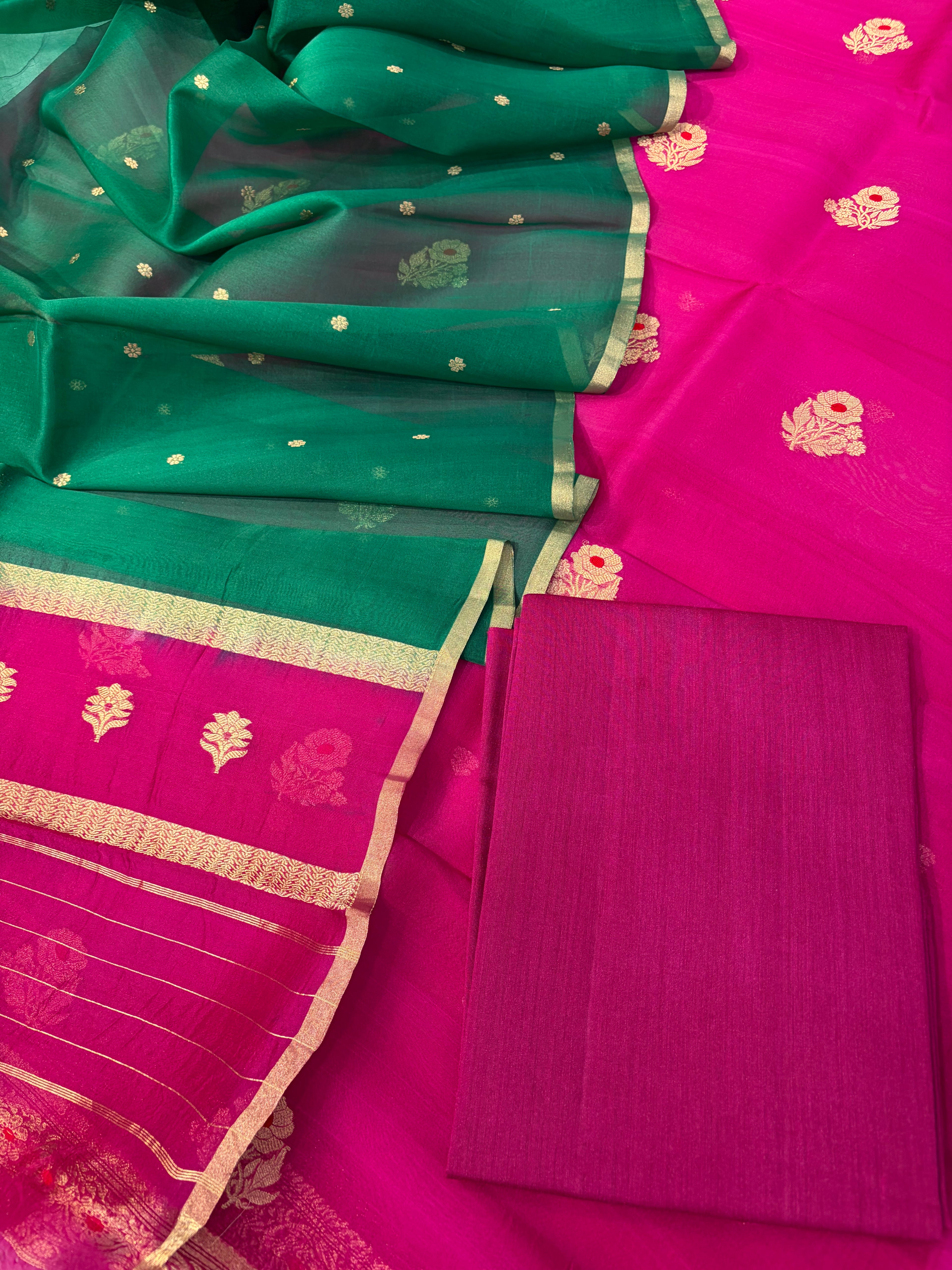 Pure Handloom Kora silk suit set in Rani with green colour with meenakari work