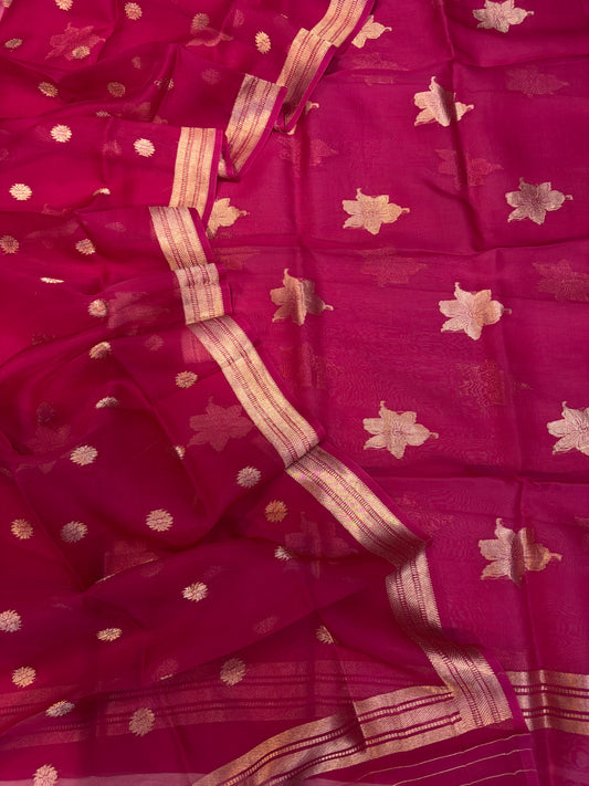 Pure Handloom Kora silk suit set in dark Rani colour