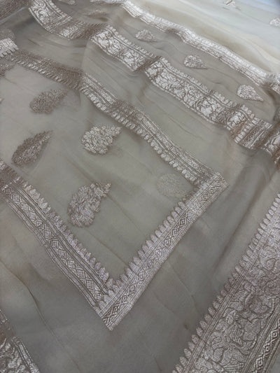 Pure khaddi chiffon double border saree in off white with grey colour