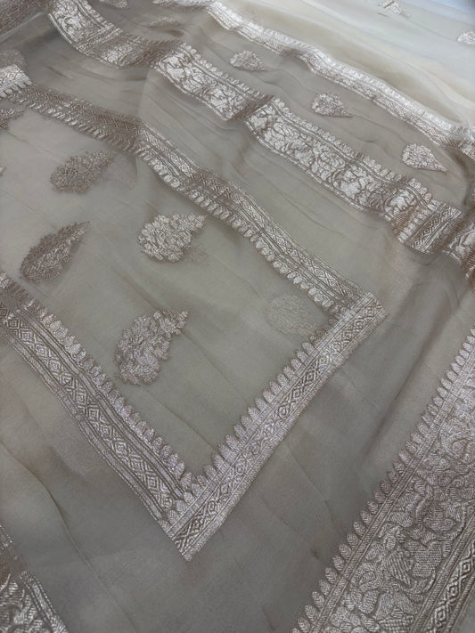 Pure khaddi chiffon double border saree in off white with grey colour