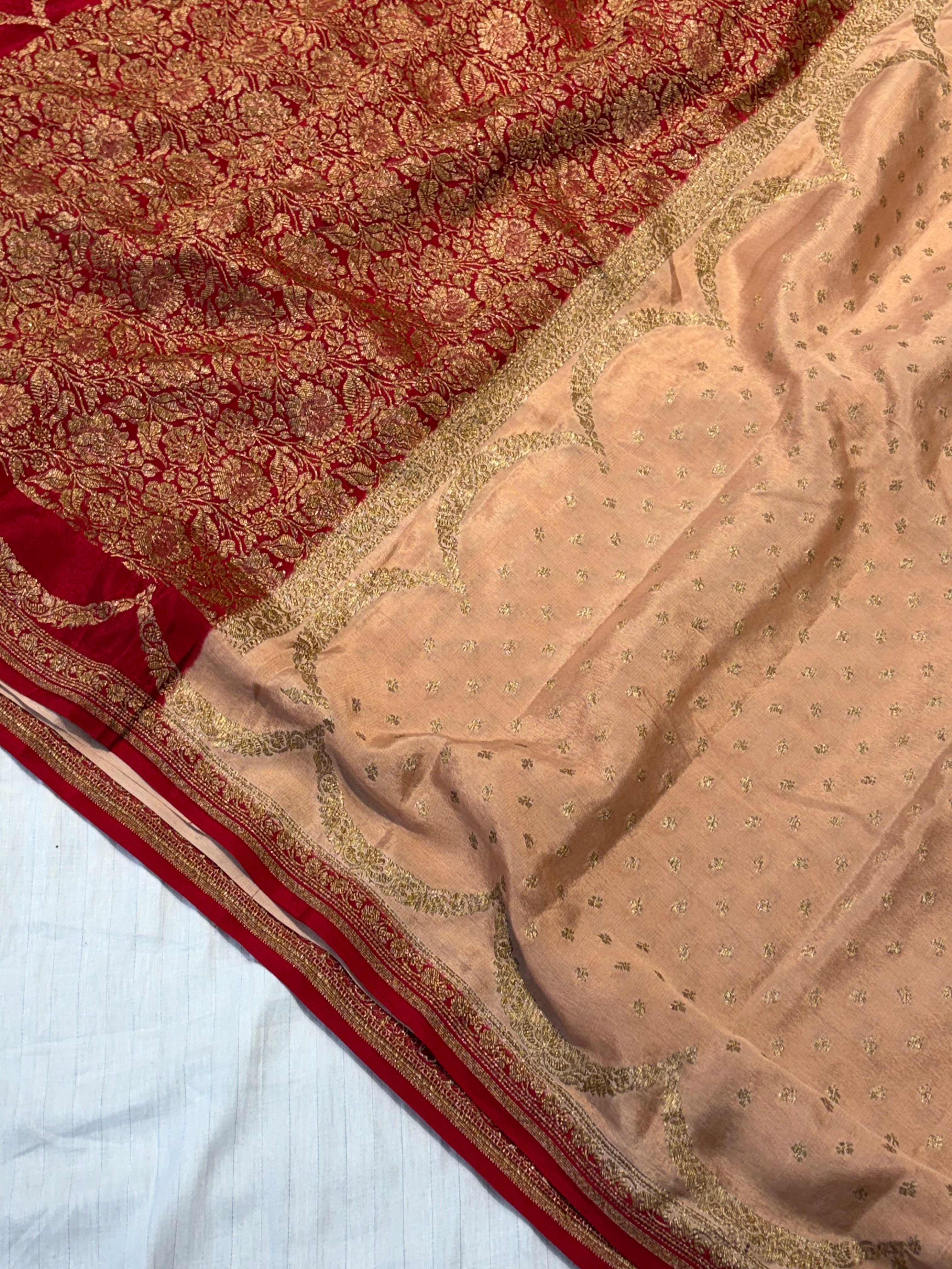 Pure khaddi crepe silk saree in Peach with Red colour