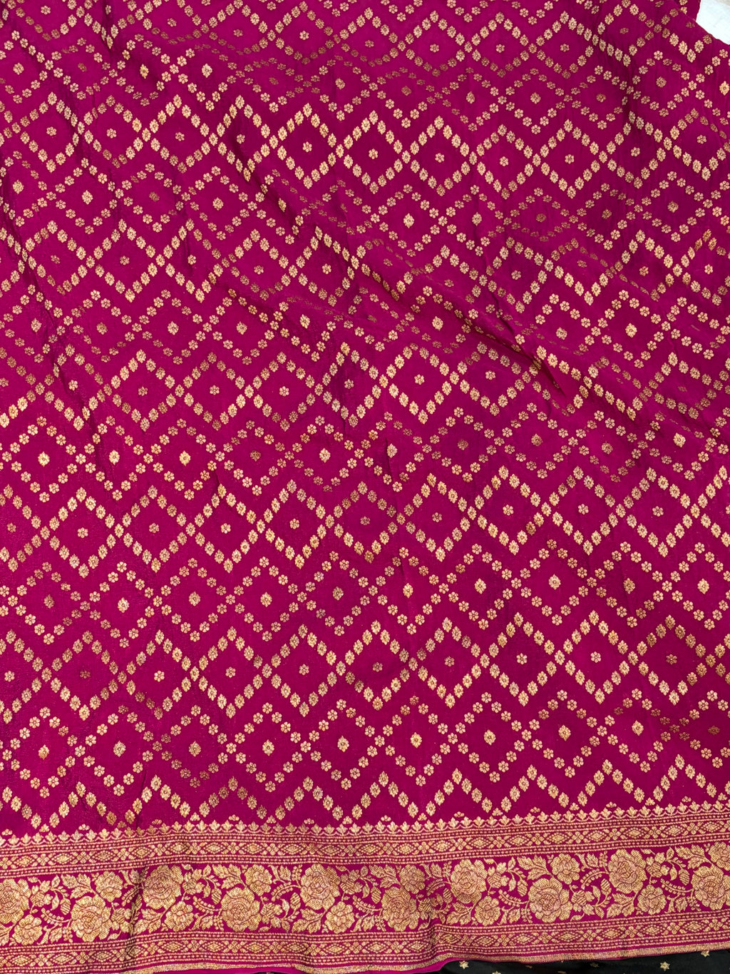 Pure khaddi crepe silk saree with 3D border in Navy blue orange & rani pink colour combination