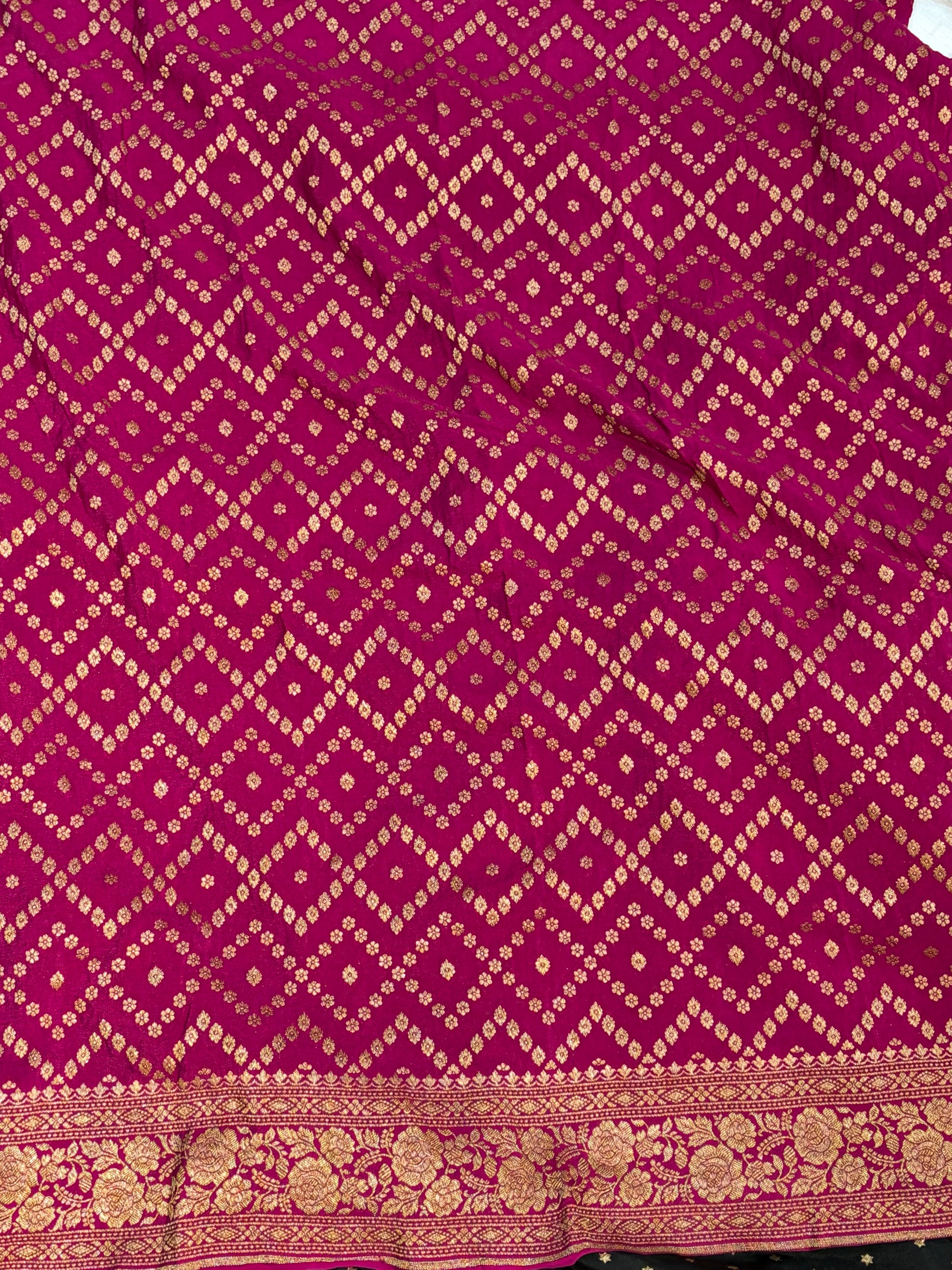 Pure khaddi crepe silk saree with 3D border in Navy blue orange & rani pink colour combination