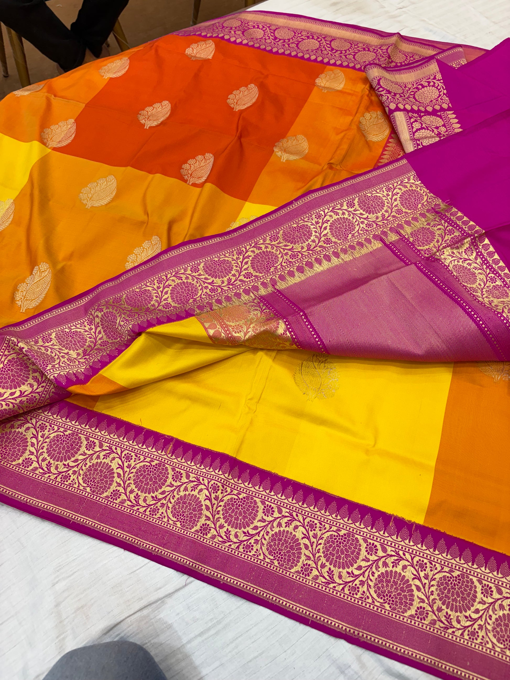 Pure handloom katan silk sareee in rangkat colour