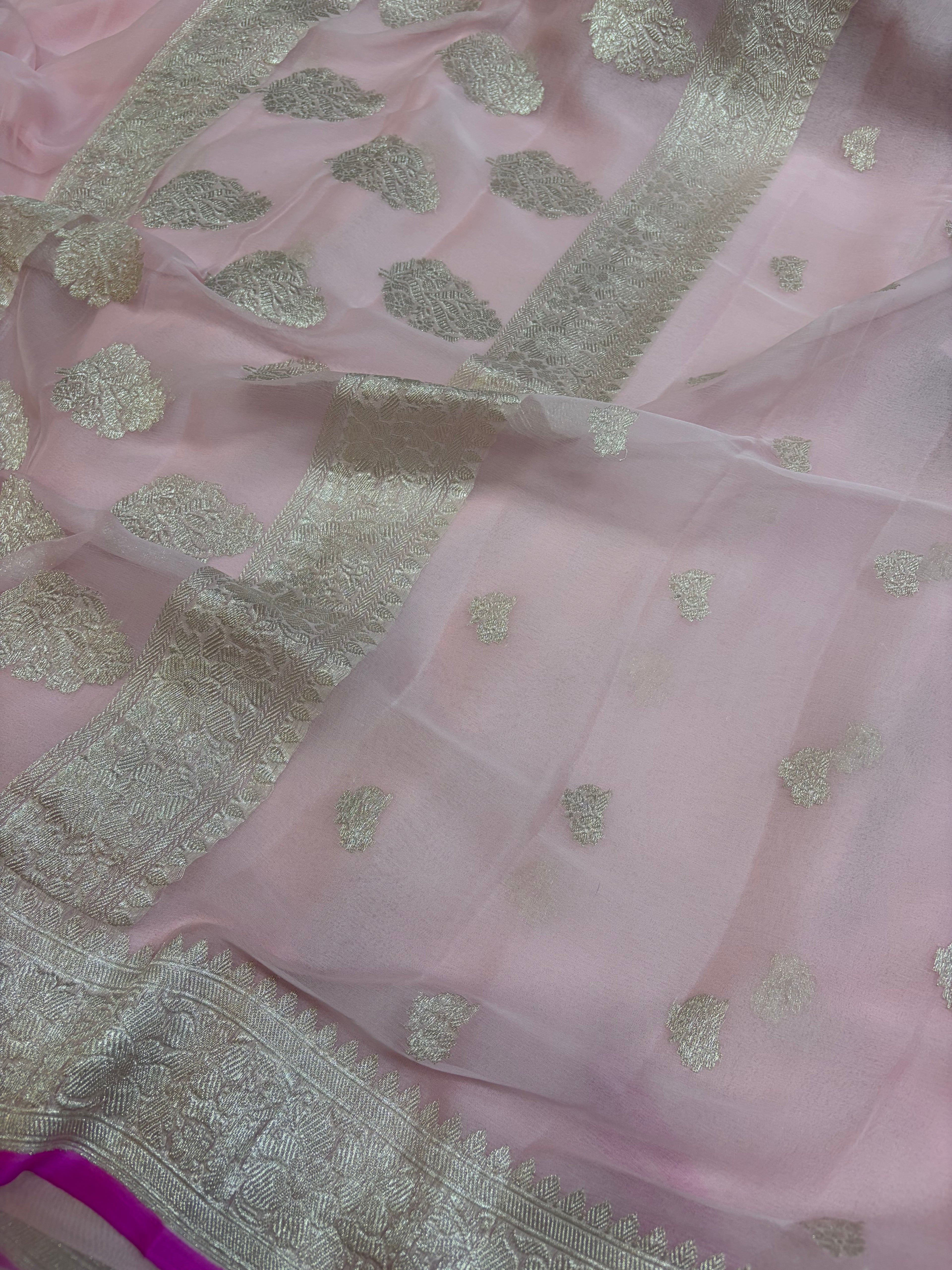 Pure khaddi chiffon saree in baby pink colour with Rani piping border