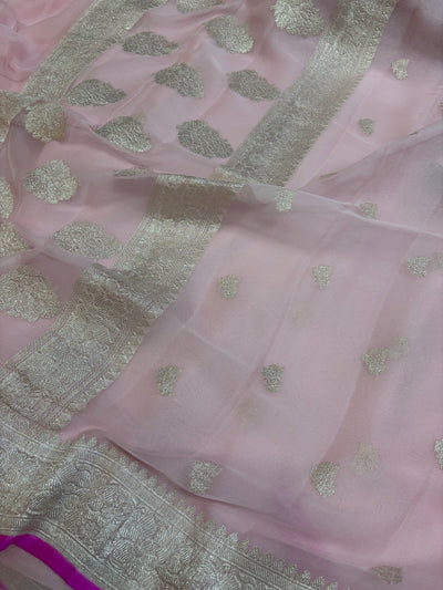Pure khaddi chiffon saree in baby pink colour with Rani piping border