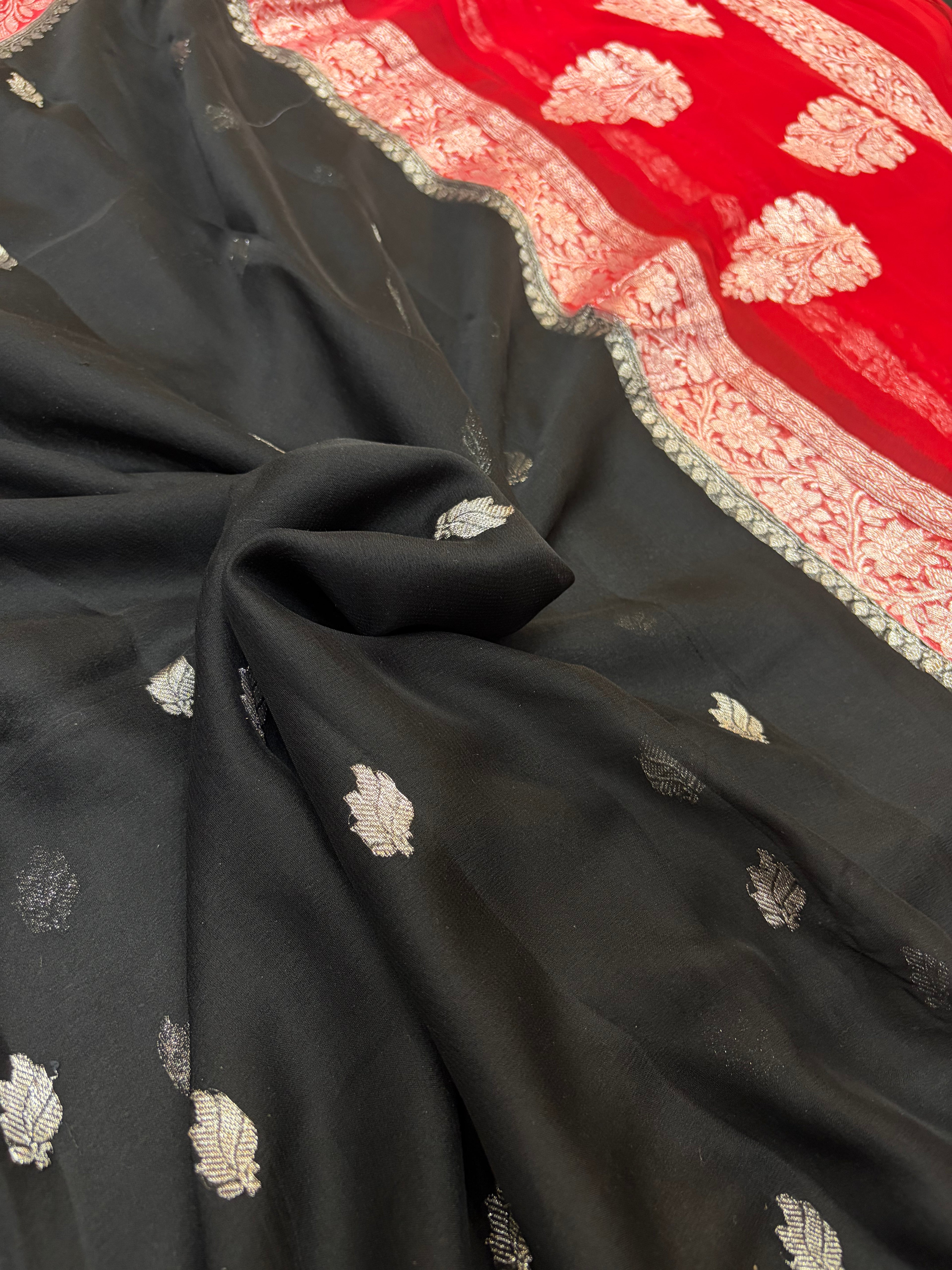 Pure khaddi chiffon saree in black & red colour