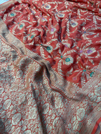 Premium Pure georgette silk sarees in beautiful peach orange colour with all over Meena work