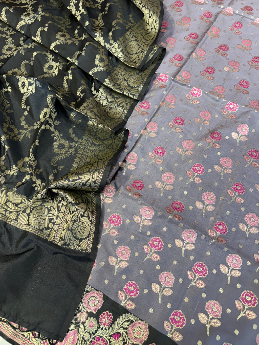 Banarasi soft silk suit in powder  with black colour