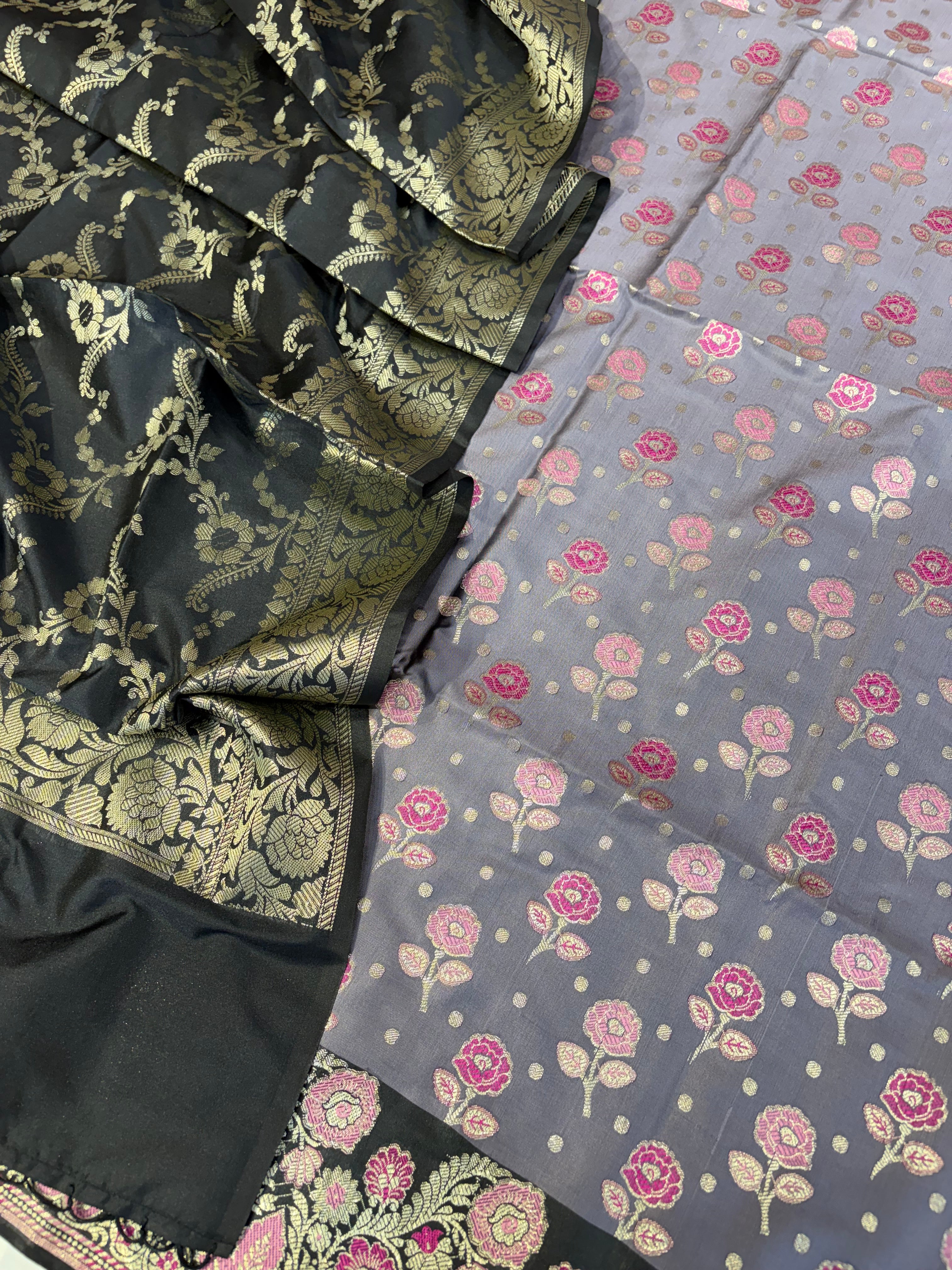 Banarasi soft silk suit in powder  with black colour