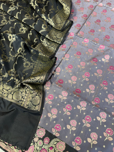 Banarasi soft silk suit in powder  with black colour