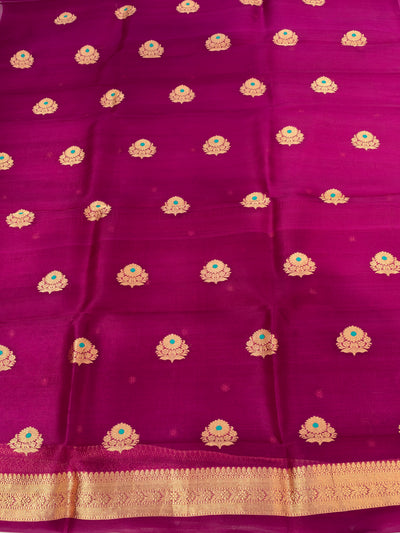 Pure Handloom Kora silk suit set in purple wine colour