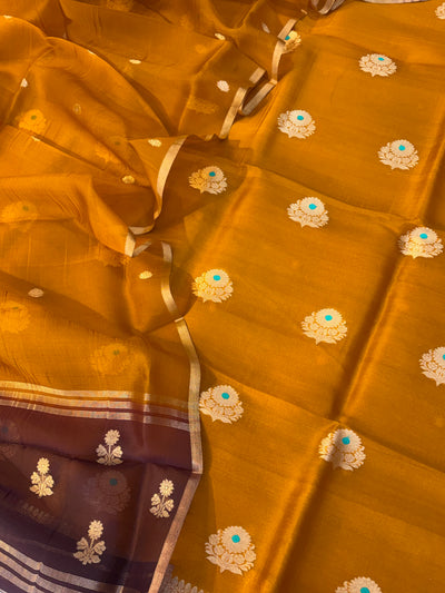 Pure Handloom Kora silk suit set in gold yellow with chocolate brown colour