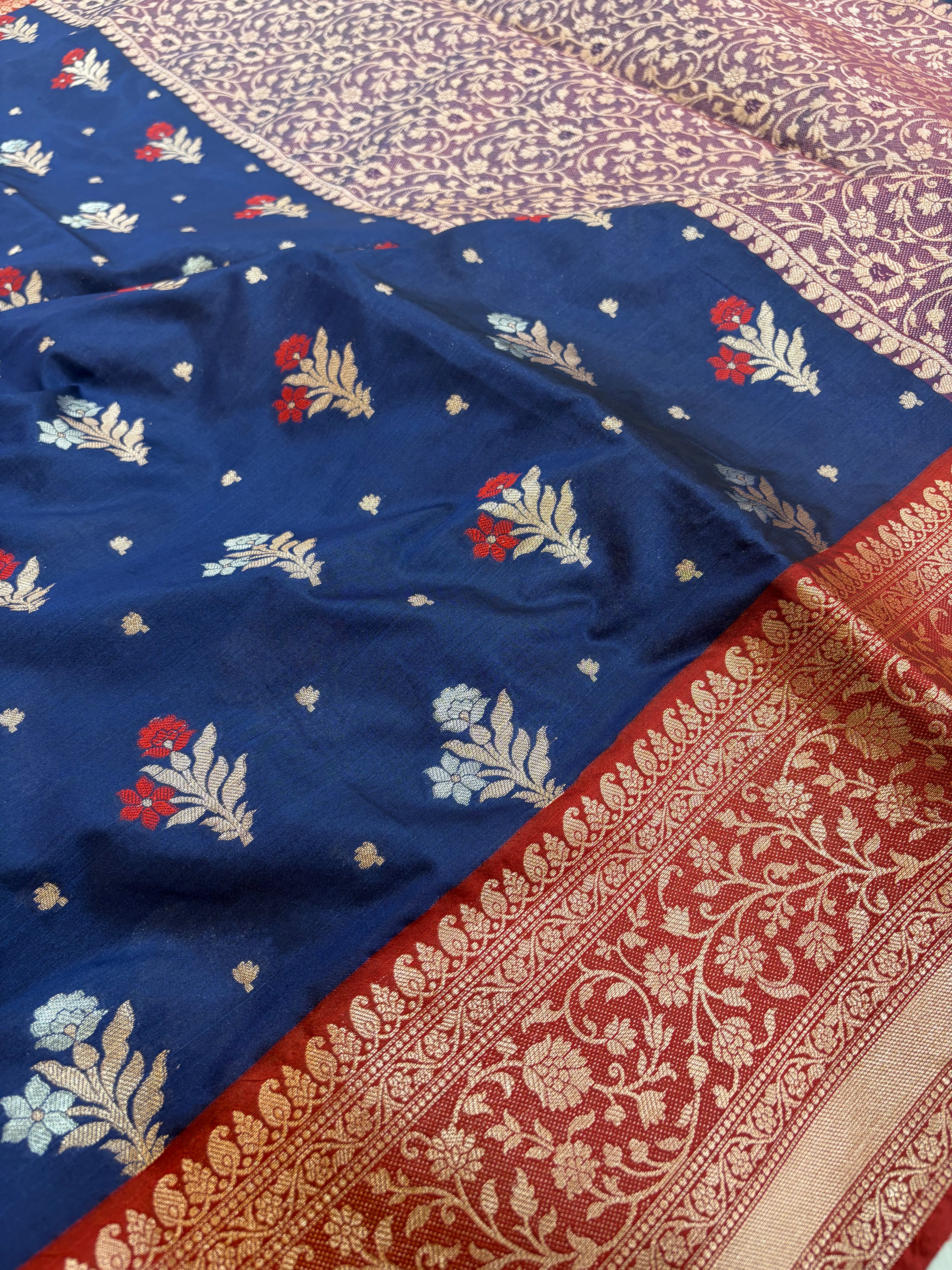 Banarasi soft silk Meenakari saree in navy blue with maroon colour