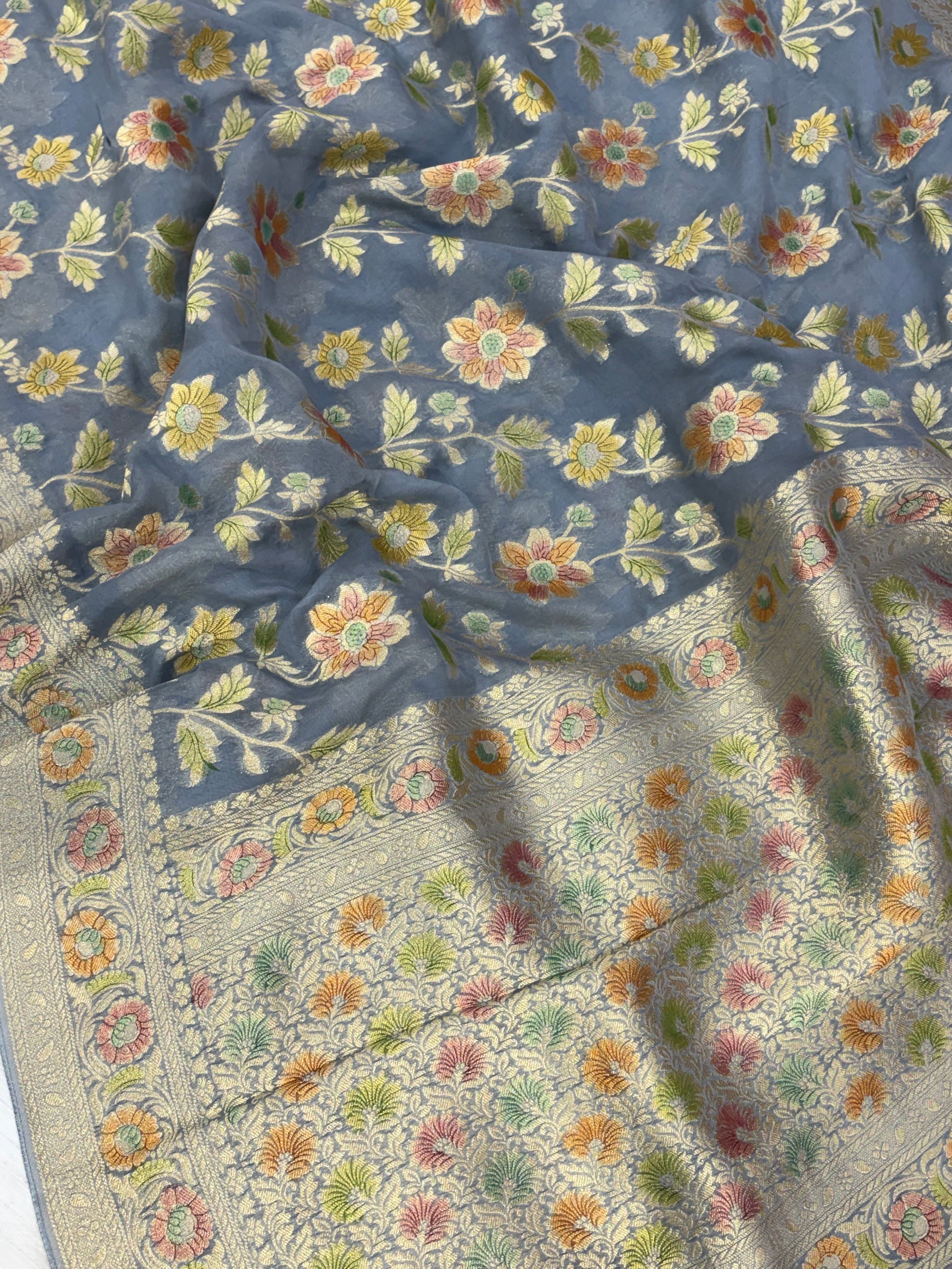 Beautiful grey colour georgette silk saree