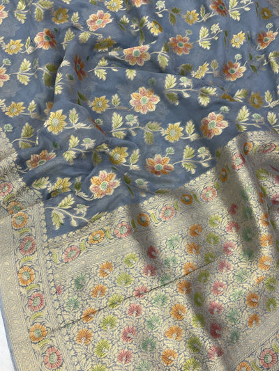 Beautiful grey colour georgette silk saree
