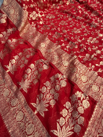 Pure Banarasi handloom georgette silk saree in red colour
